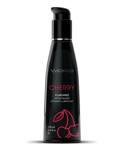 Black bottle of Wicked Cherry flavored intimate lubricant on a white background