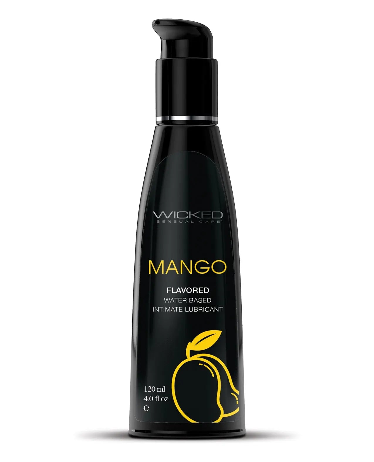 Black bottle of Wicked Sensual Care Mango flavored personal lubricant on a white background