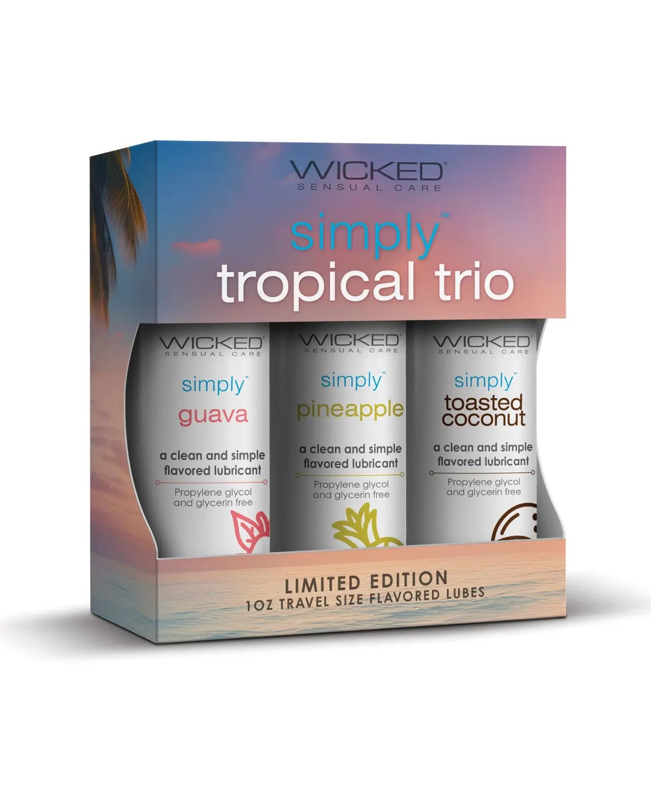Wicked Sensual Care Simply Tropical Trio personal lubricant packaging with three travel-sized bottles on a white background.