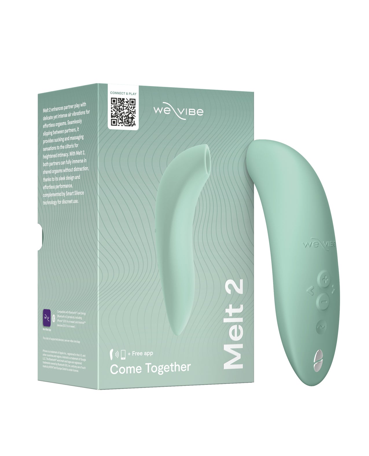 Sage green WeVibe Melt 2 product with packaging on a white background