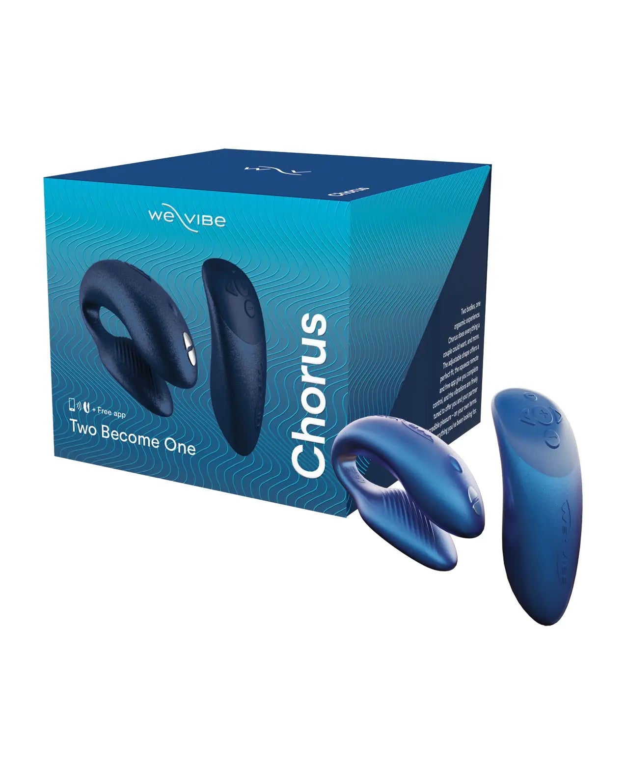 Blue We-Vibe Chorus Couples Vibrator and product packaging on a white background