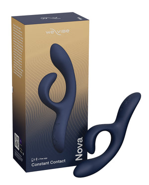Blue We-Vibe Nova 2 Flexible Rabbit Vibrator in Midnight Bluet with packaging on a white background