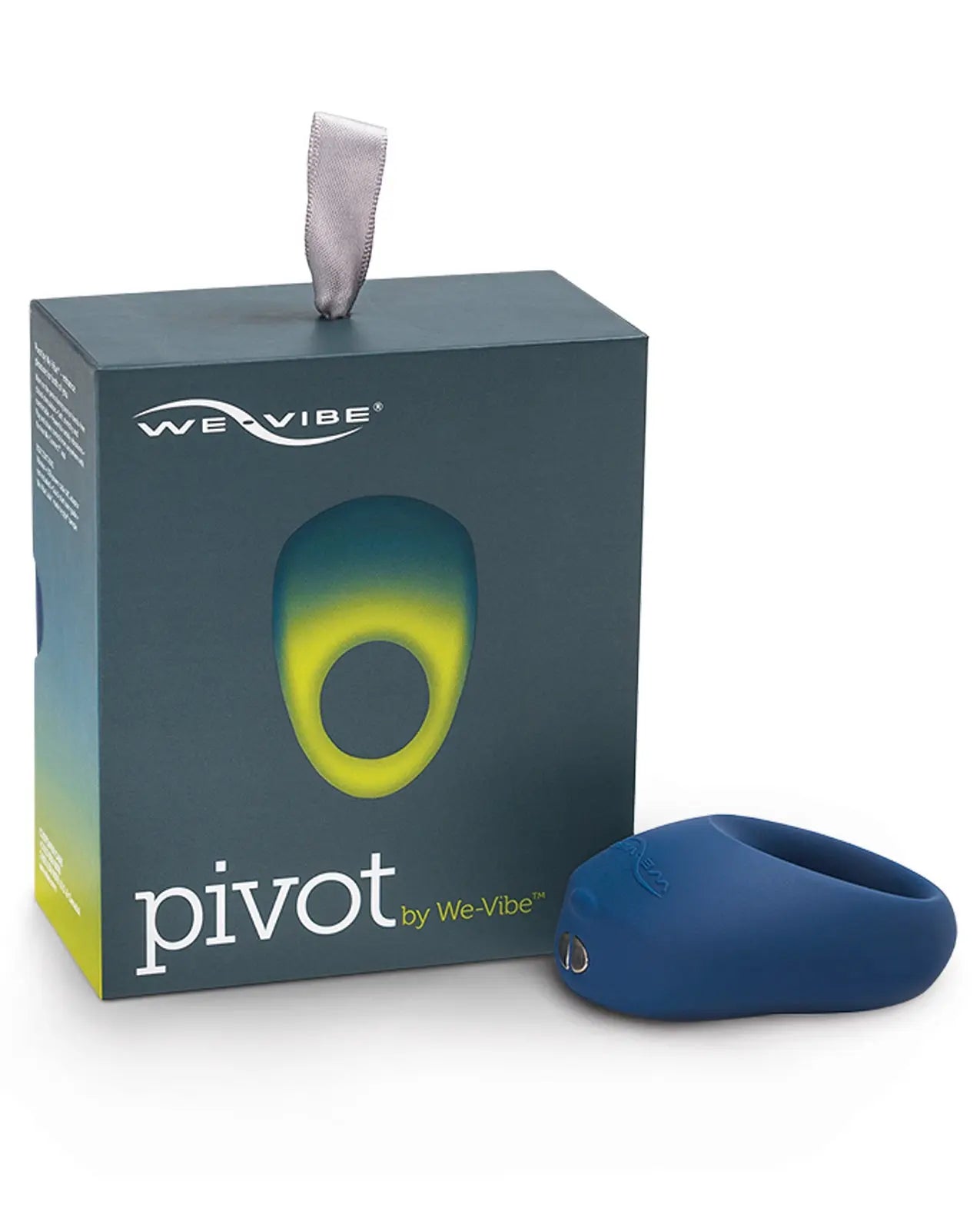 Blue 'pivot' product by We-Vibe, Pivot Clitoral Stimulant next to its packaging on a white background