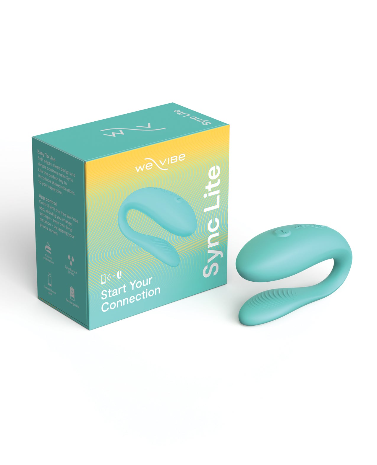 Turquoise 'Sync Lite' vibrator product and packaging on a white background