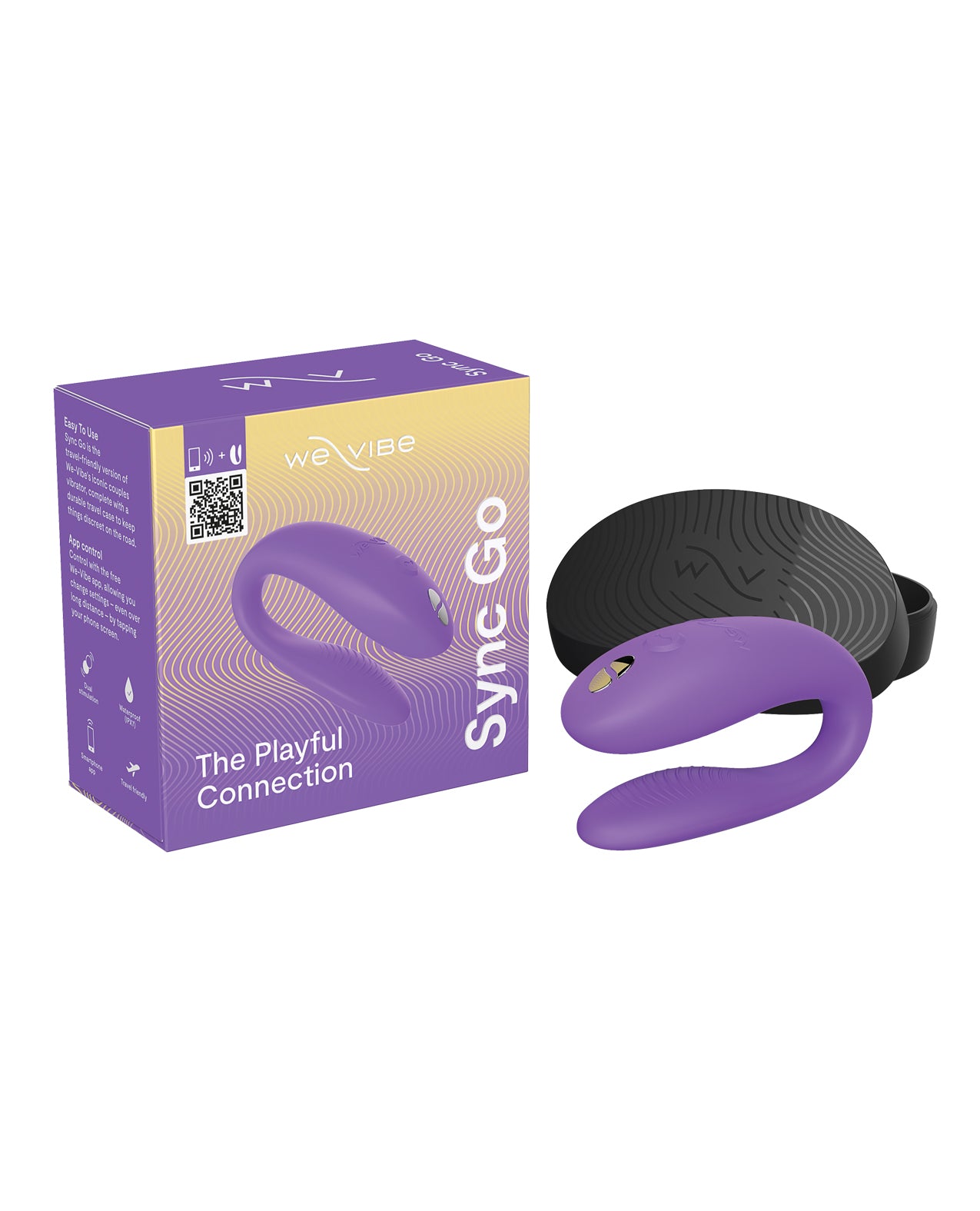 Purple We-Vibe Sync Go vibrator product with packaging on a white background
