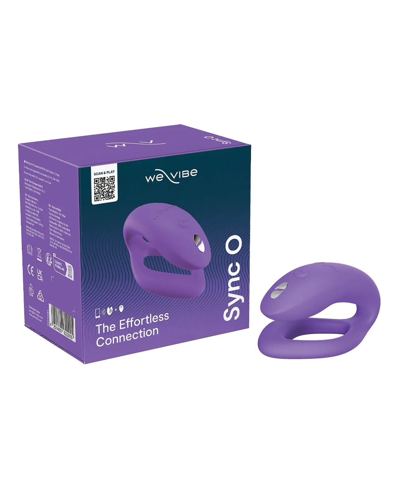 Purple We-Vibe Sync O Couples Vibrator device with packaging on a white background