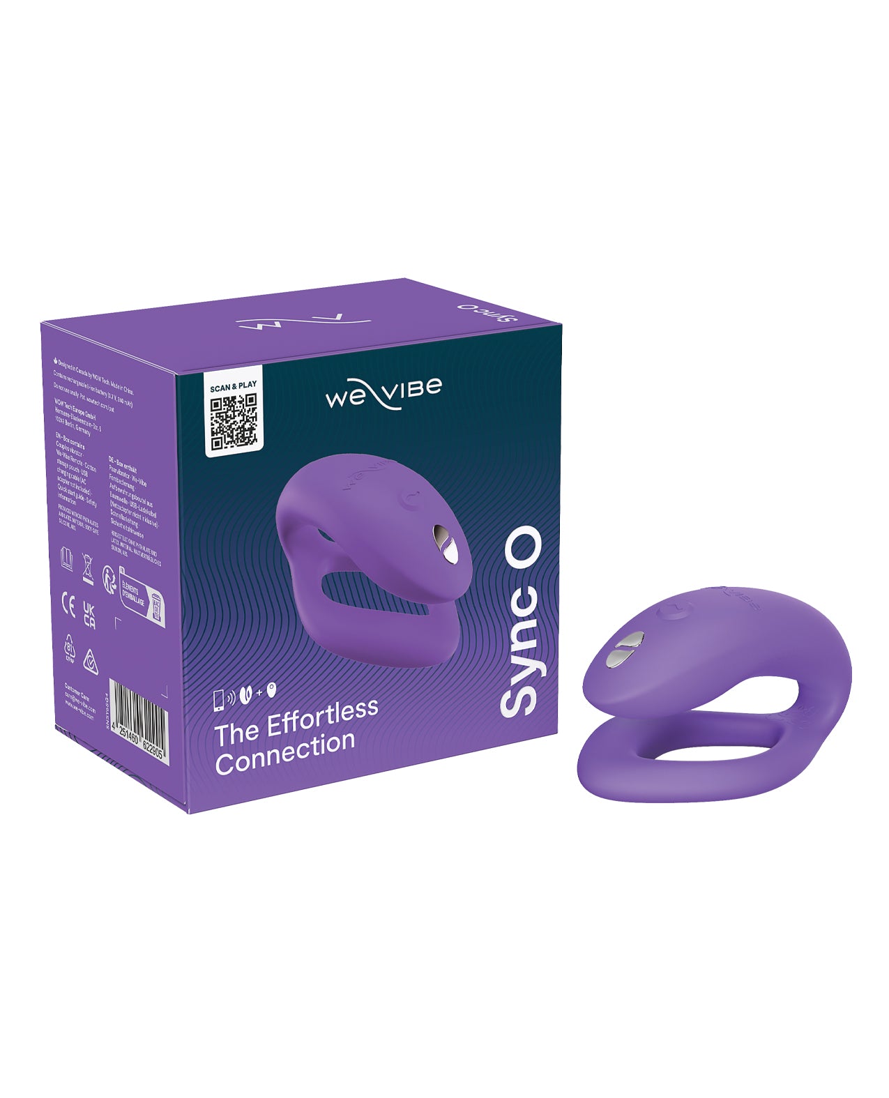 Purple We-Vibe Sync O vibrator device with packaging on a white background