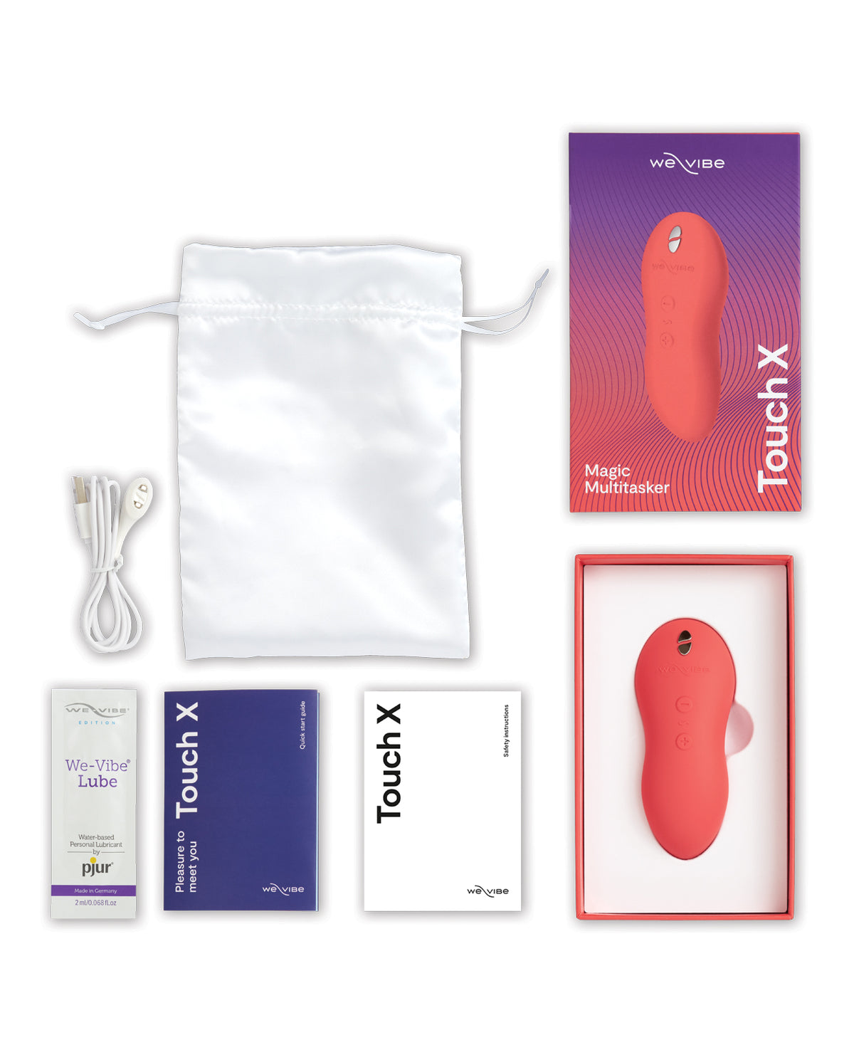 We-Vibe Touch X in Red full kit flat-lay: device, retail box, USB cable, satin storage pouch, lube sample, and instruction cards