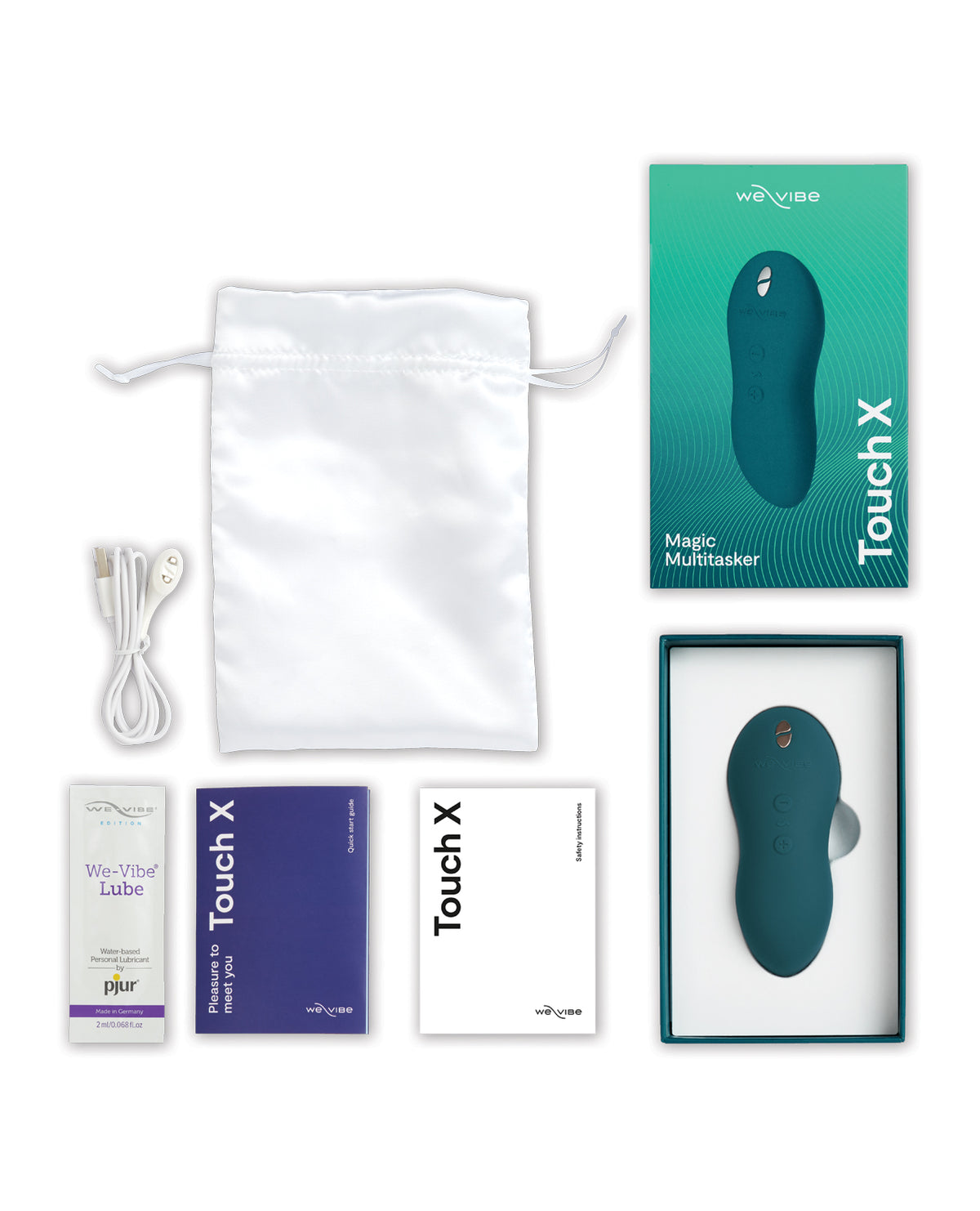 We-Vibe Touch X in Green Velvet full kit flat-lay: device, retail box, USB cable, satin storage pouch, lube sample, and instruction cards