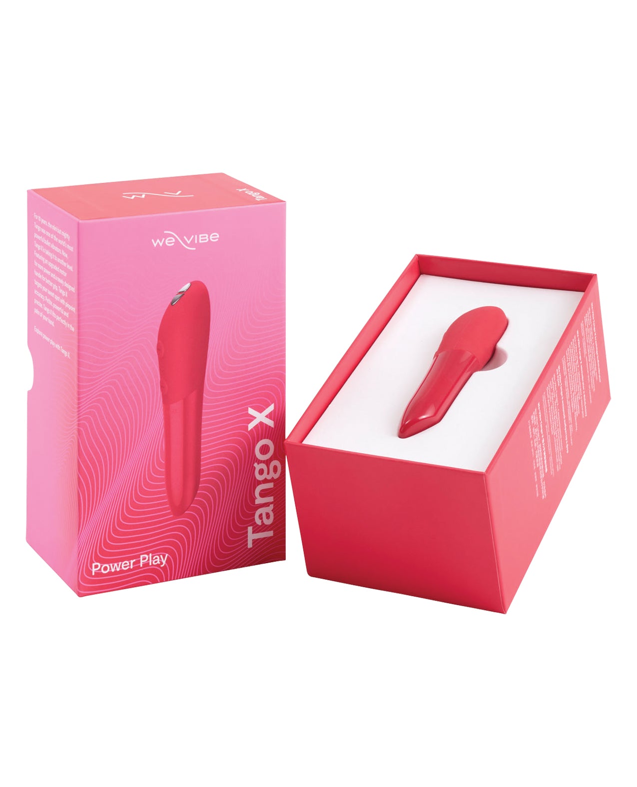 Red Tango We-Vibe Tango X  Bullet Vibrator  product in a pink box with WeVibe branding on a white background