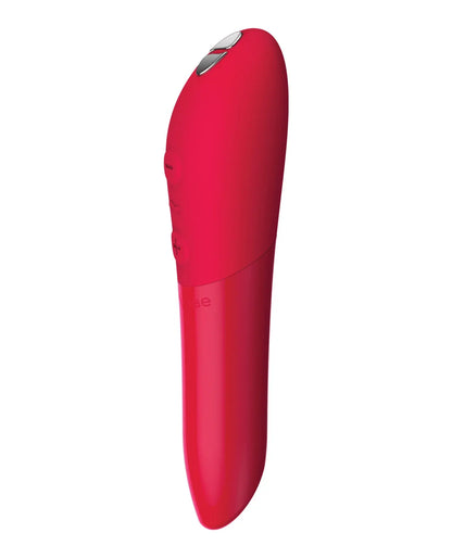 We-Vibe Tango X Bullet Vibrator in Cherry Red, angled view showing the tapered tip and control buttons