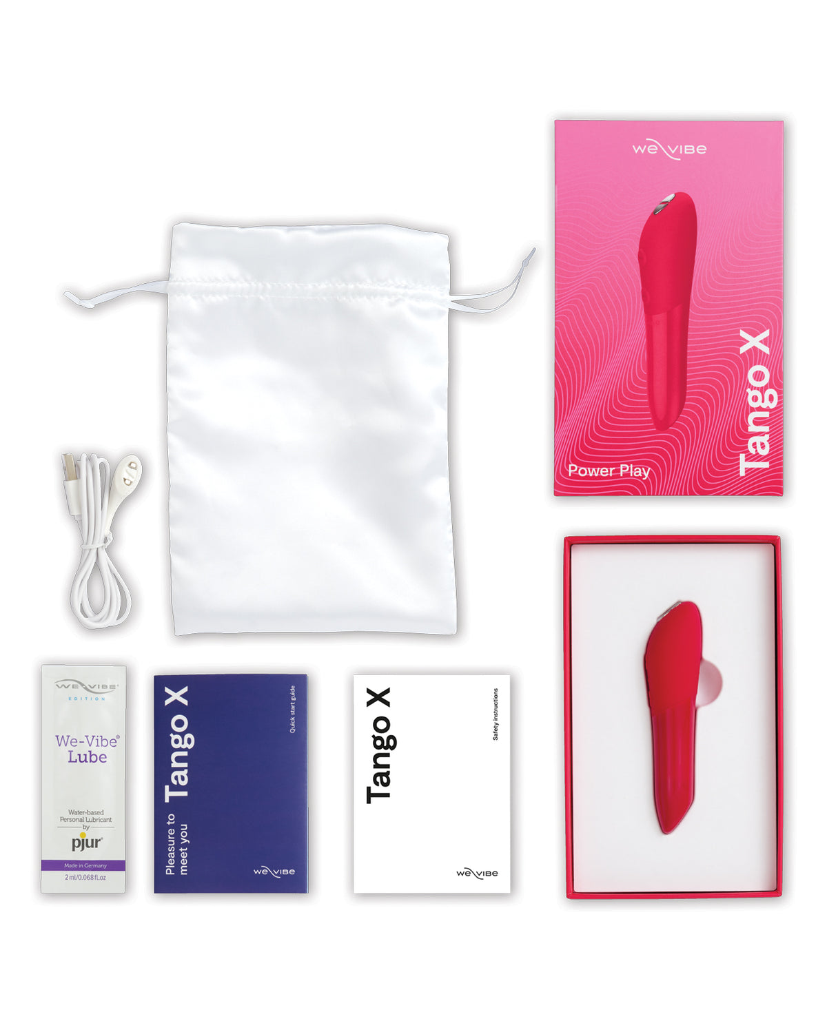 We-Vibe Tango X in Cherry Red full kit flat-lay: device, retail box, USB cable, satin storage pouch, lube sample, and instruction cards