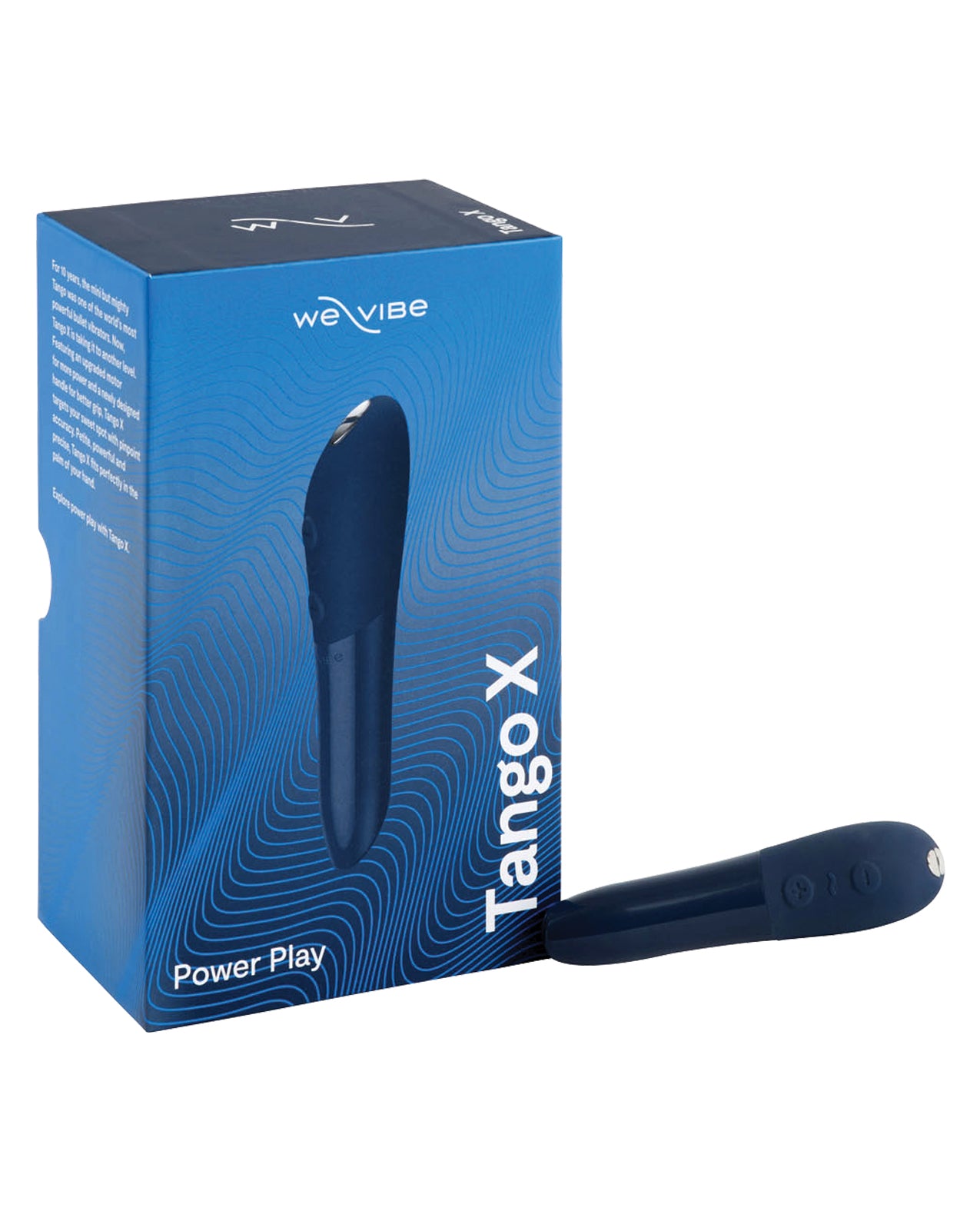 Blue packaging of We-Vibe Tango X Bullet Vibrator on a white background