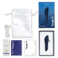 We-Vibe Tango X in Navy Blue full kit flat-lay: device, retail box, USB cable, satin storage pouch, lube sample, and instruction cards