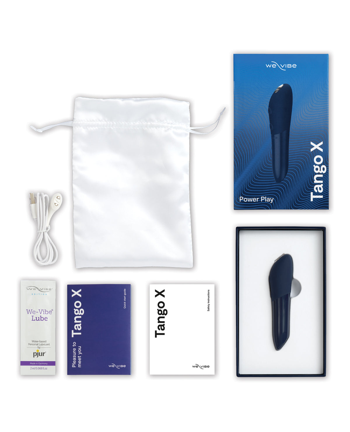 We-Vibe Tango X in Navy Blue full kit flat-lay: device, retail box, USB cable, satin storage pouch, lube sample, and instruction cards