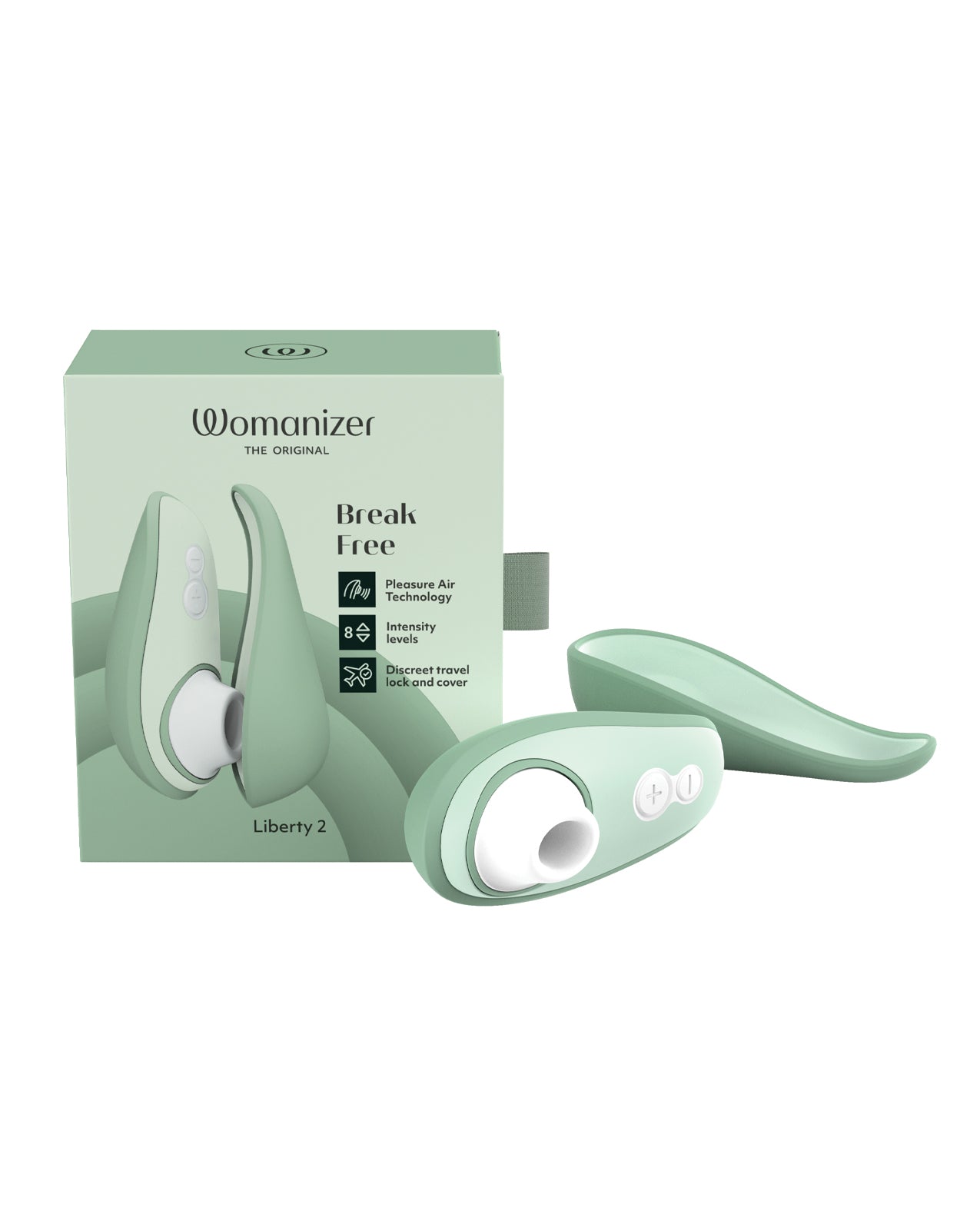Sage Womanizer Liberty 2  Clitoral Stimulator  with packaging on a white background