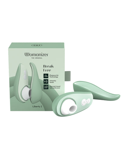 Sage Womanizer Liberty 2  Clitoral Stimulator  with packaging on a white background