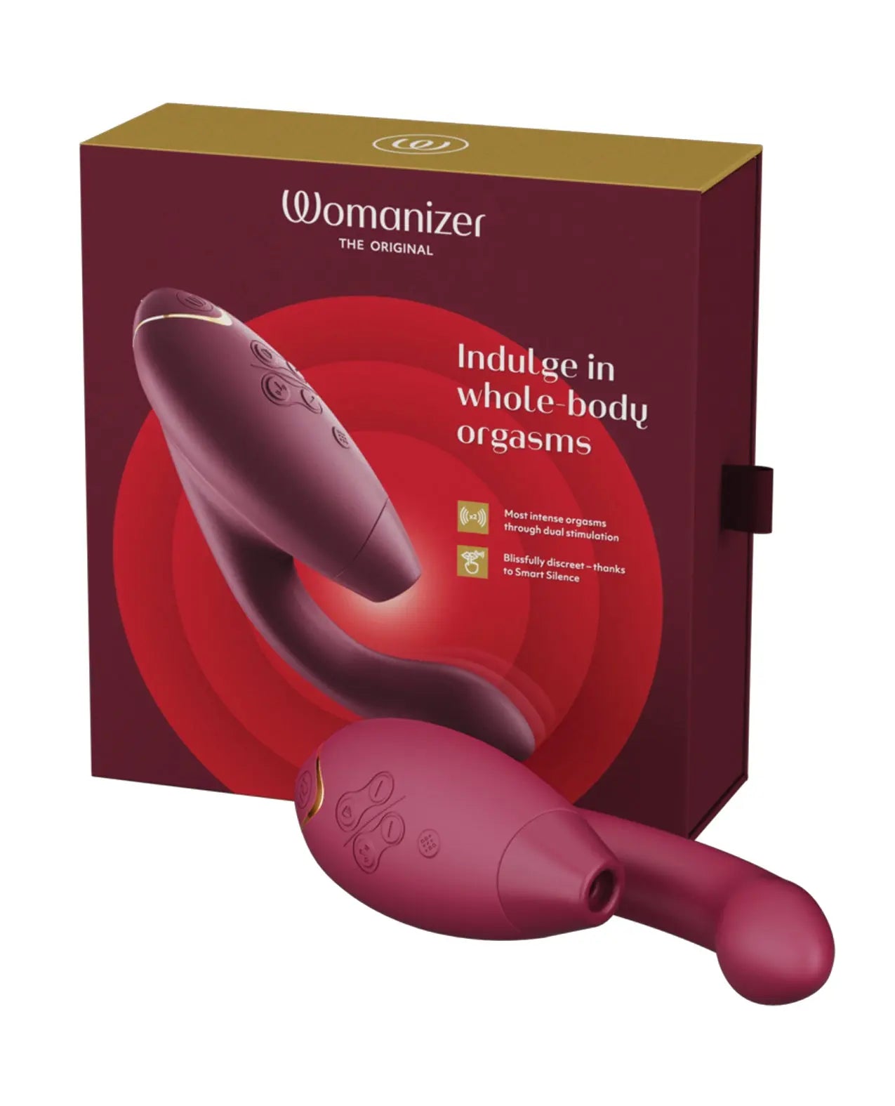 Womanizer Duo 2  an air clitoral stimulator and powerful G-Spot vibrator in dark pink. 
