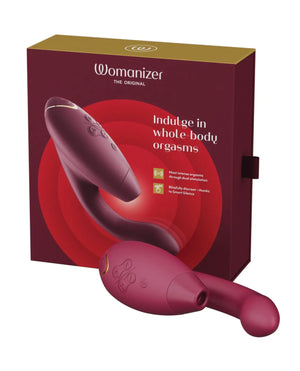 Womanizer Duo 2  an air clitoral stimulator and powerful G-Spot vibrator in dark pink. 