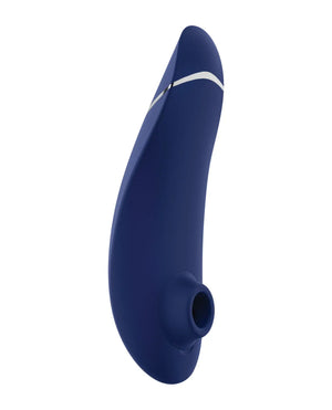 Womanizer Premium 2 in Blueberry, side profile showing the tapered silhouette and air-pulse opening