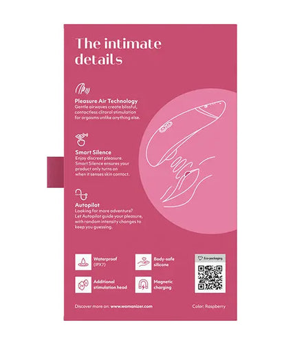 Womanizer Premium 2 in Raspberry retail box back panel detailing Pleasure Air Technology, Smart Silence, and Autopilot features