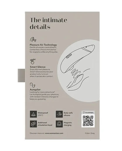 Womanizer Premium 2 in Grey retail box back panel detailing Pleasure Air Technology, Smart Silence, and Autopilot features