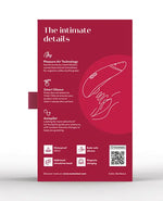 Womanizer Premium 2 in Bordeaux retail box back panel detailing Pleasure Air Technology, Smart Silence, and Autopilot features