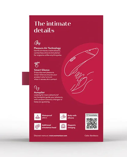 Womanizer Premium 2 in Bordeaux retail box back panel detailing Pleasure Air Technology, Smart Silence, and Autopilot features