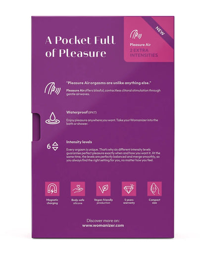 Womanizer Starlet 3 Purple-edition packaging back panel listing Pleasure Air technology, waterproof IPX7 rating, and 6 intensity levels