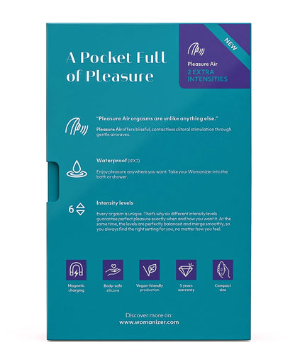 Womanizer Starlet 3 Teal-edition packaging back panel listing Pleasure Air technology, waterproof IPX7 rating, and 6 intensity levels