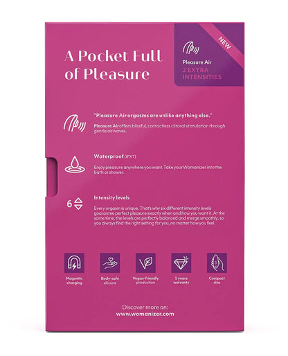 Womanizer Starlet 3 Magenta-edition packaging back panel listing Pleasure Air technology, waterproof IPX7 rating, and 6 intensity levels
