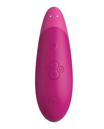 Womanizer Enhance 2 in 1 Pleasure Air & Vibrations in Magenta, back view showing the intensity and vibration control buttons