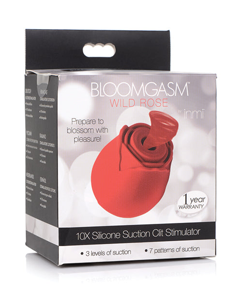 Inmi Bloomgasm Wild Rose 10X Suction Stimulator retail packaging box highlighting 3 suction levels and 7 patterns