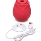 Inmi Bloomgasm Wild Rose 10X Suction Stimulator shown with its magnetic charging stand and USB cable