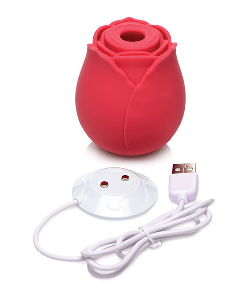 Inmi Bloomgasm Wild Rose 10X Suction Stimulator shown with its magnetic charging stand and USB cable