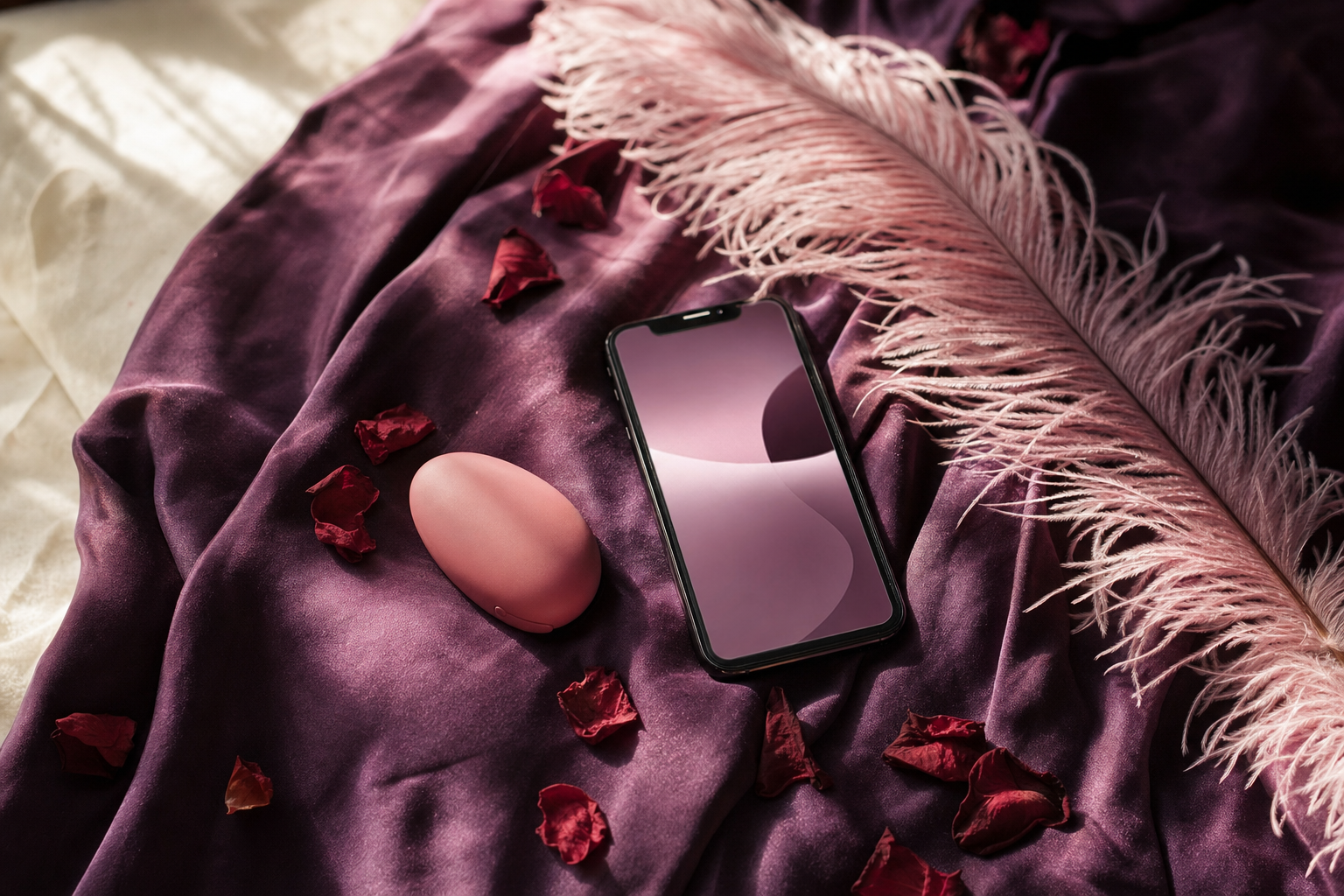 Editorial flat-lay of an unbranded couples toy and generic smartphone on aubergine silk with pink feather and rose petals